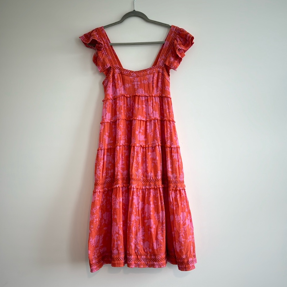 Karlie Size Small Orange/Pink Flutter Sleeve Midi Dress